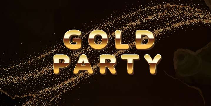 Scritta “Gold Party” con finitura dorata su sfondo scuro con stelline dorate